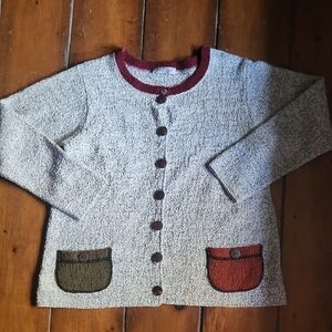 Women's Cream Cardigan with Red Trim